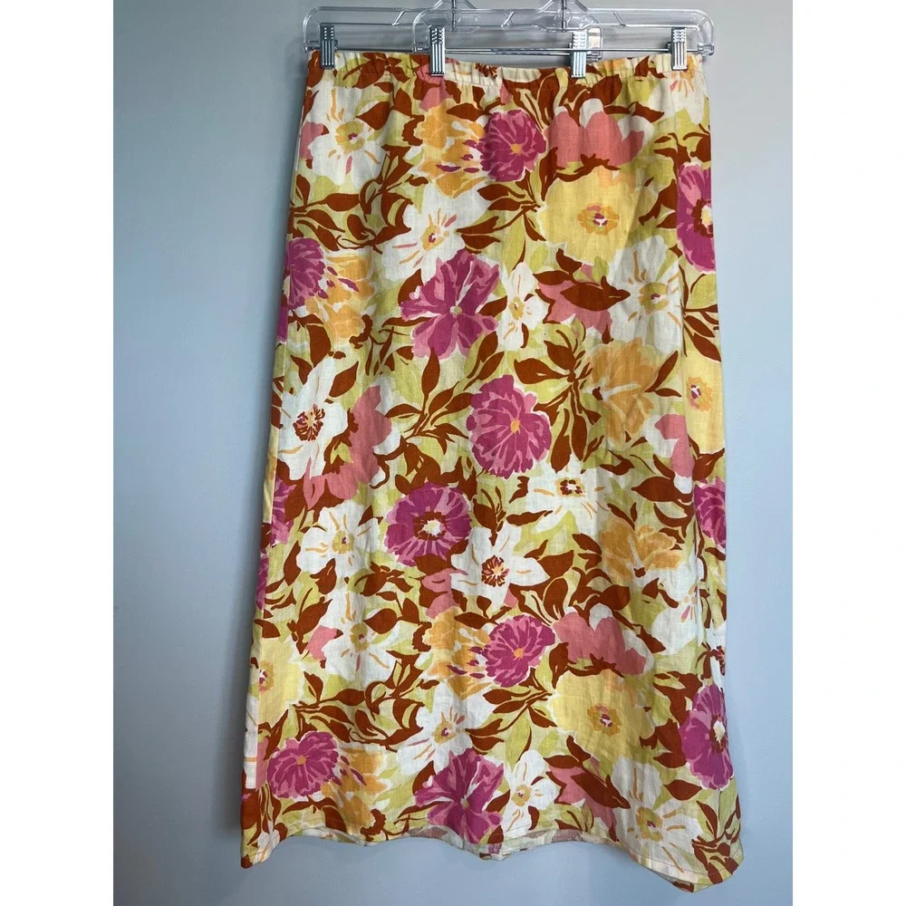 Hot Cotton Floral Linen Skirt Women's Size L Maxi Pink Yellow‎ Brown Cottagecore